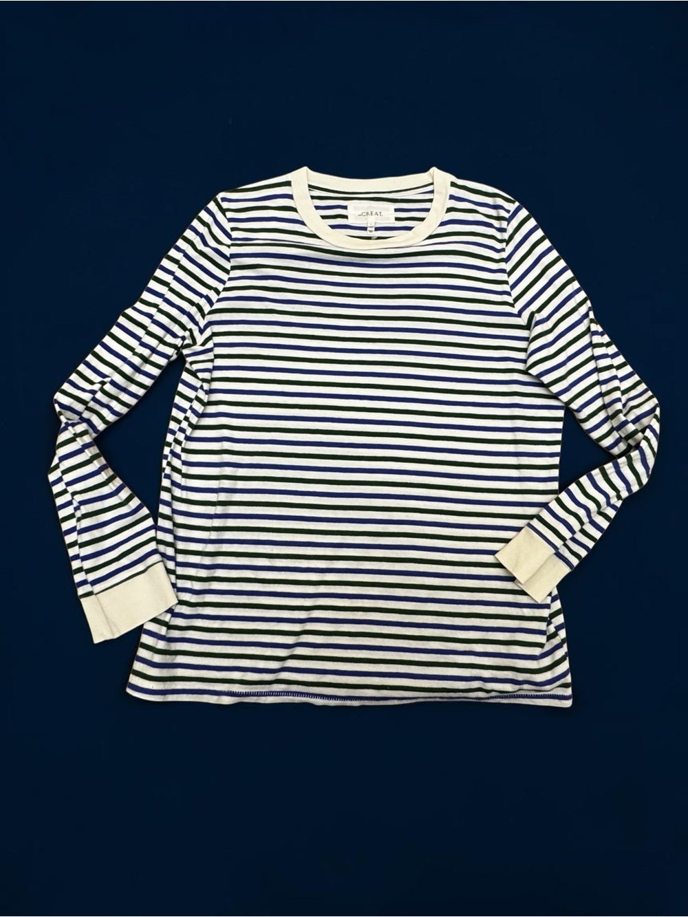 The Great Striped Long Sleeve Tee | Blue & Green Stripe Cotton Top | Size 3